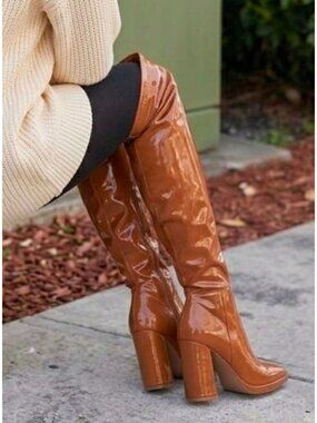 High-Gloss Brown Knee-High Boots With Block Heel Side Zipper And Square Toe Desi